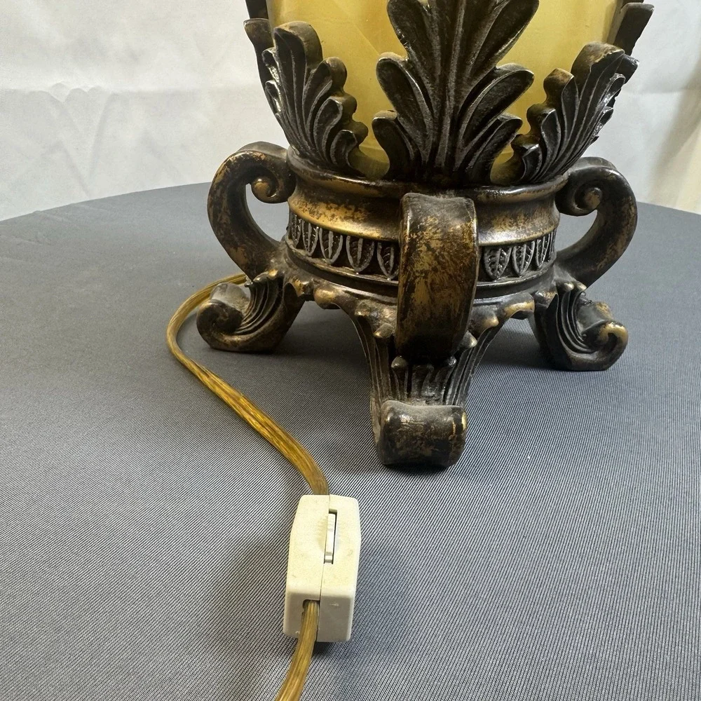 Vintage Brass Lamp Footed Scroll Base and Amber Colored Marbled Shade Works
